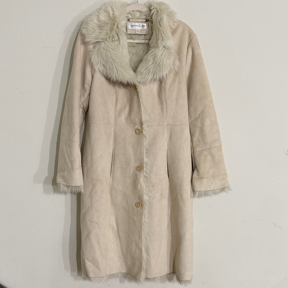 Jones New York Cream Faux Fur Collar/Lining Suede Coat